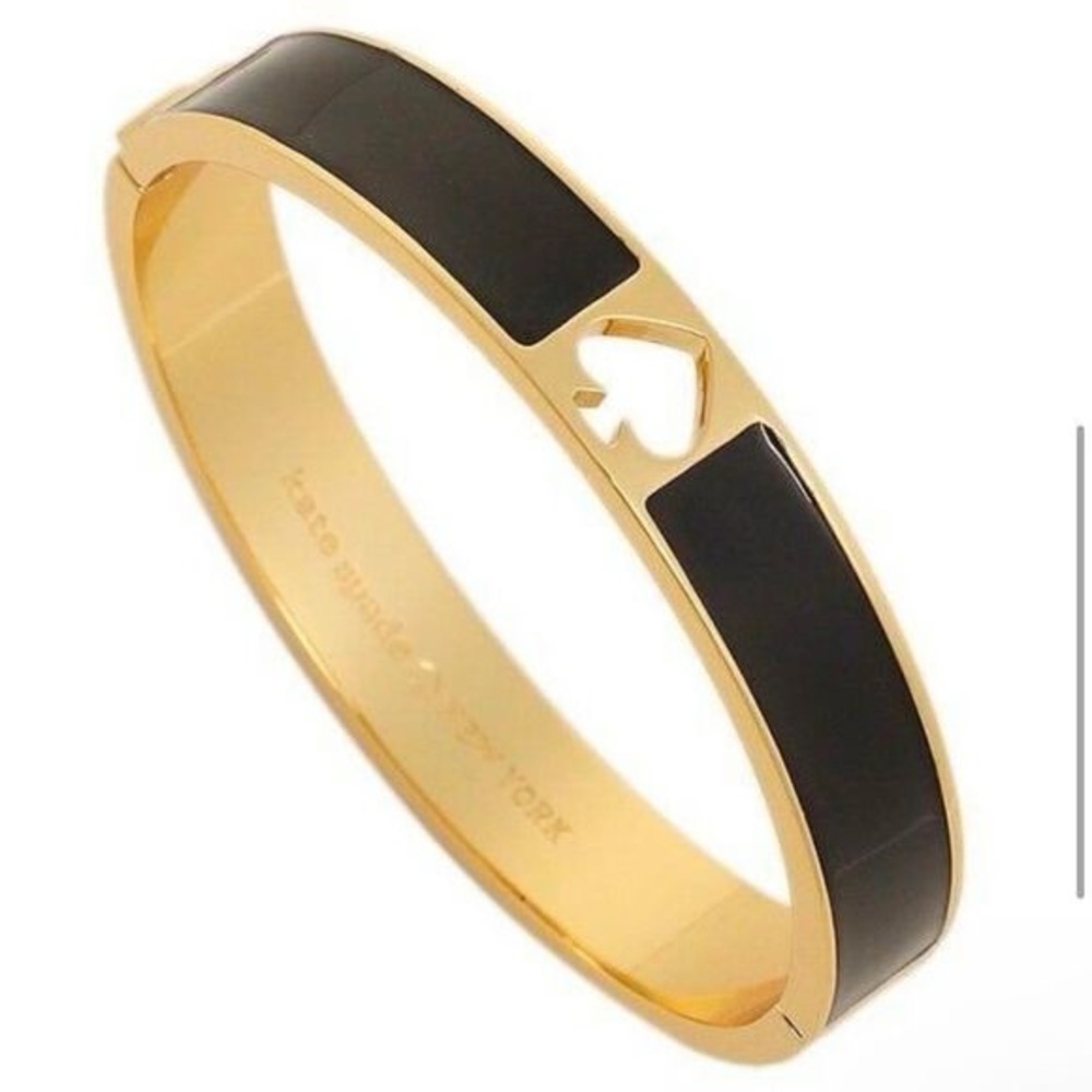 KATE SPADE Hole Punch Spade Enamel Hinged Bangle Bracelet - Gold/Black - Picture 4 of 15